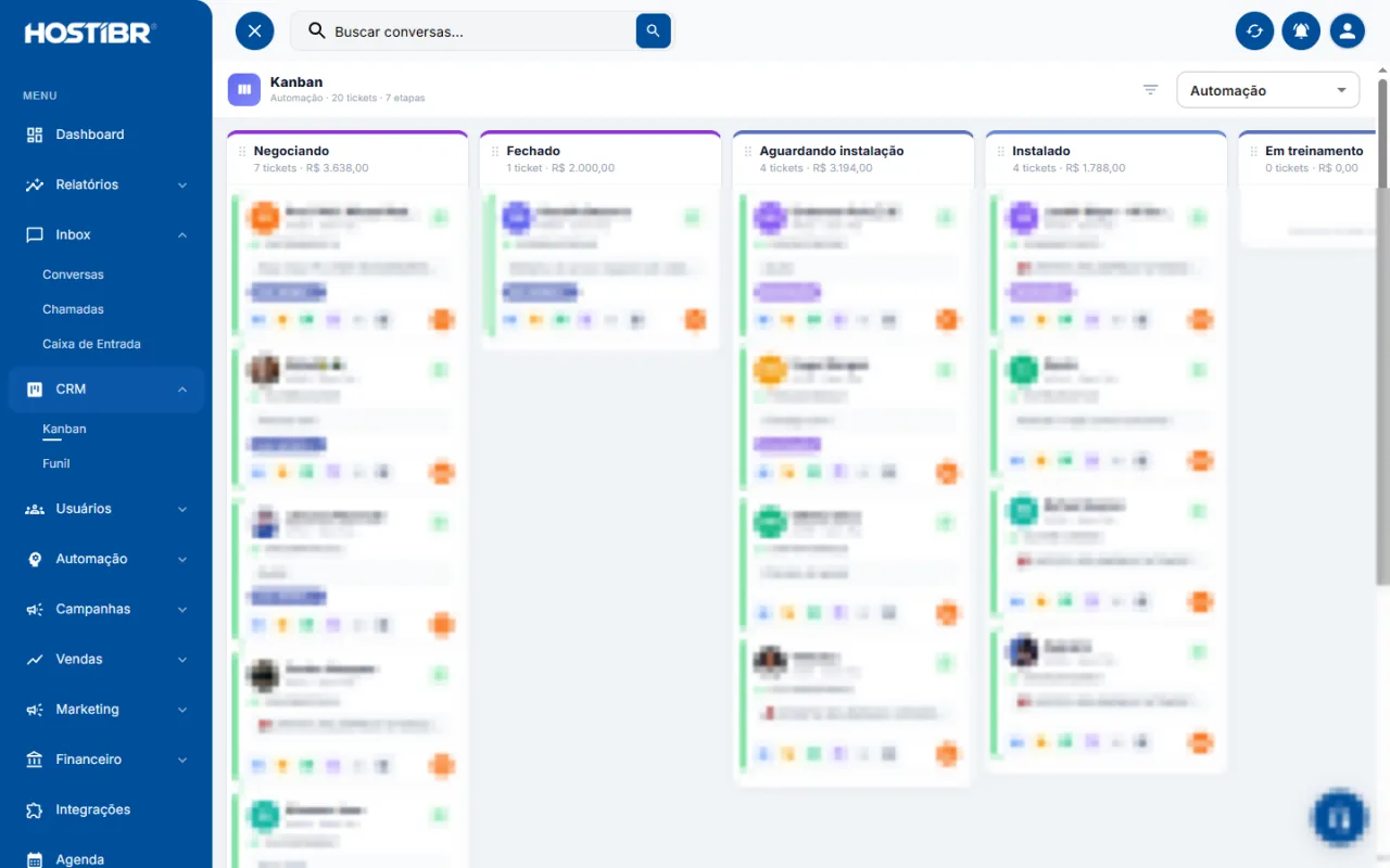 Funil Kanban com etapas e valores por coluna