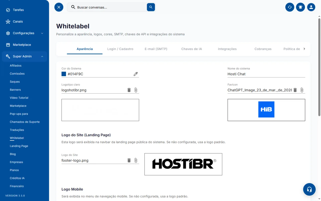Tela de configuração whitelabel com aparência e logos