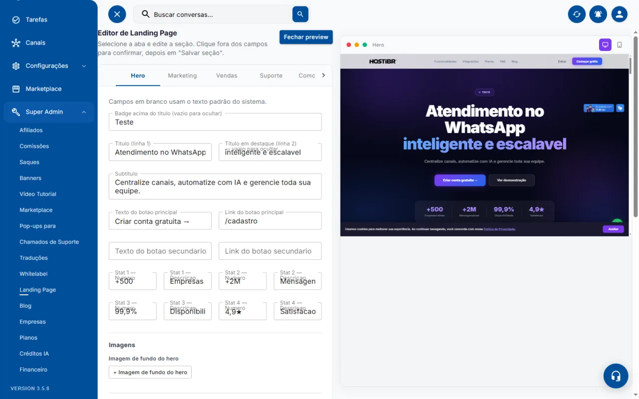 Editor da landing page com pré-visualização