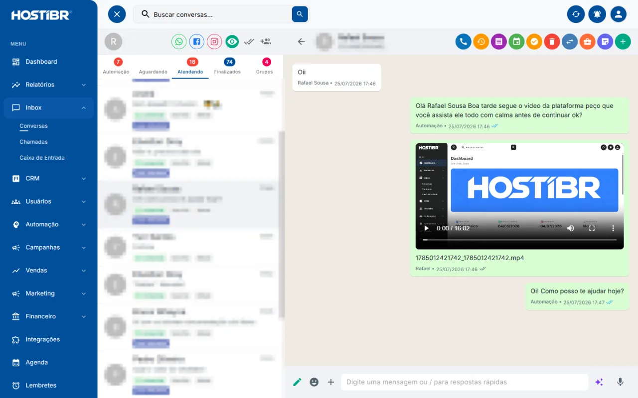 Tela de atendimento com conversa aberta