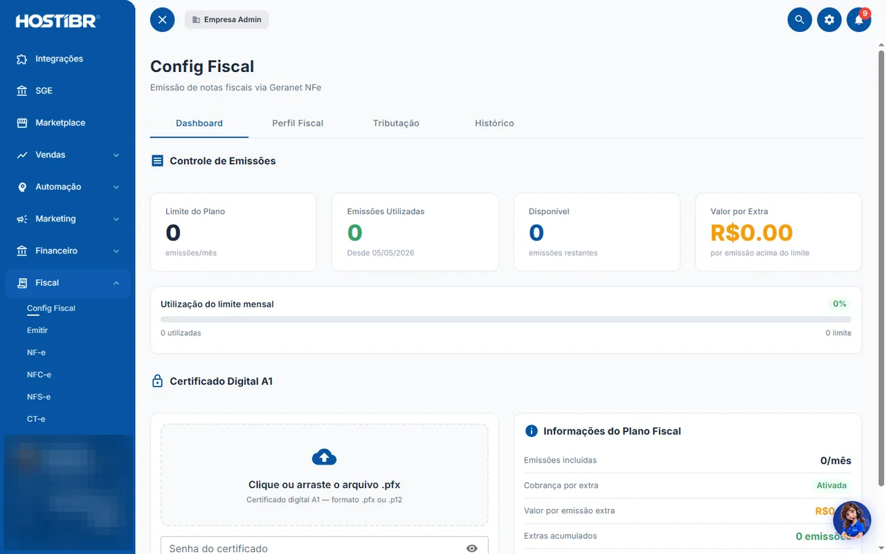 Painel fiscal com emissão de notas e controle de certificado digital
